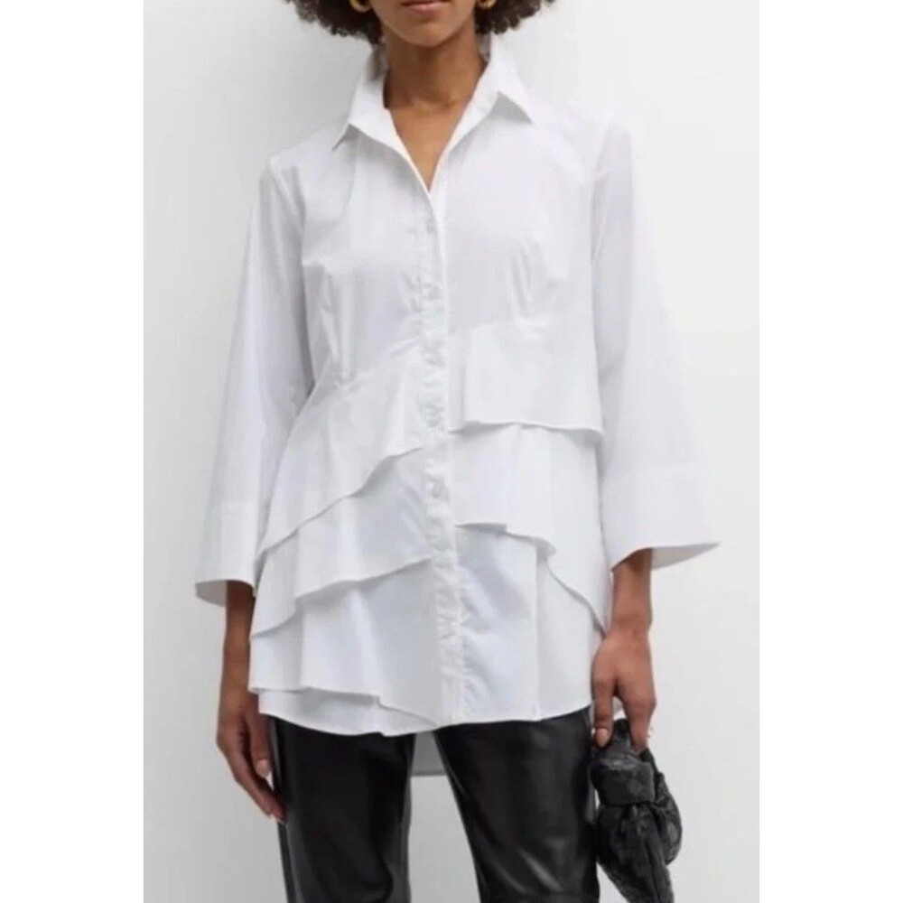 Finley Shirt Womens Medium White Jenna Button Up Tiered Ruffle Tunic Top Career